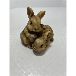 VTG Homco Bunnies Rabbits Brown Porcelain Figurine #1455 Foil Paper Label